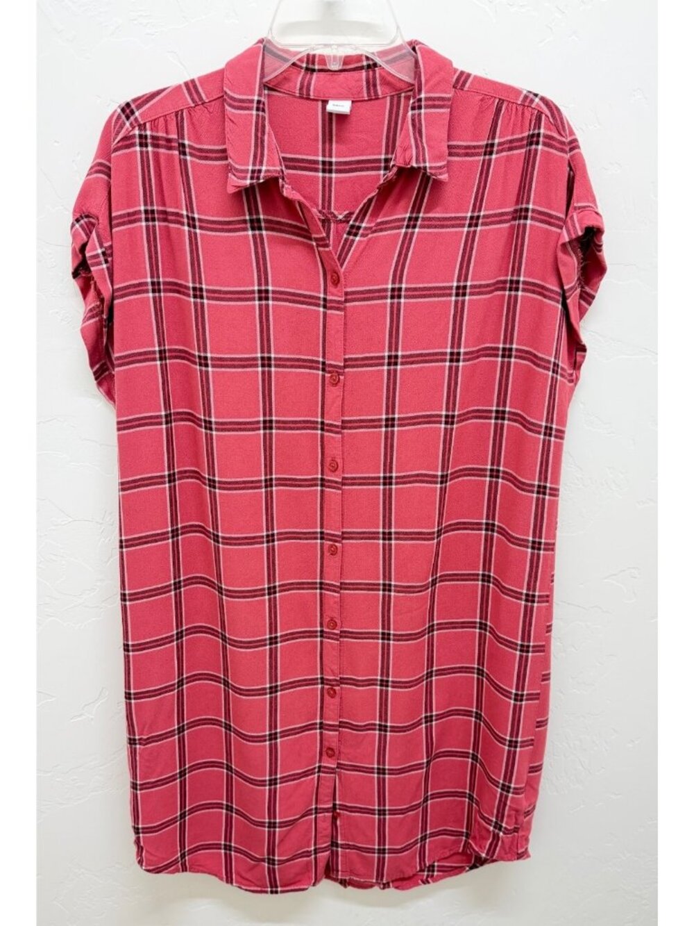 Old Navy Rayon Plaid Shirt Dress Short Sleeve Button Front Red Black White Large